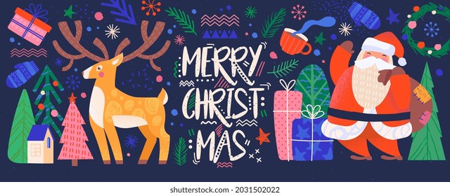 Cute colorful Merry Christmas postcard on dark background. Invitation with forest, santa claus, deer, christmas tree and pine. Template for poster and postcard. Flat cartoon vector illustration