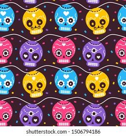 cute colorful mexican dia de los muertos holiday seamless vector pattern background illustration with skulls and confetti 
