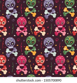cute colorful mexican seamless vector pattern background illustration with skull, flowers, confetti and bones 