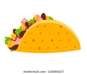 Cute colorful mexican taco symbol. Cartoon flat tacos icon for fast food restaurant or cafe menu, advertisement, banners, stickers, logo design