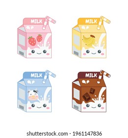 Cute colorful milk packaging of different flavor. Flat vector cartoon design