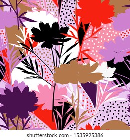 Cute Colorful modern meadow silhouette flower seamless pattern mixed with polka dots in vector ,Design for fashion ,fabric, web, wrapping ,wallpaper and all prints graphic type.