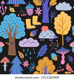 Cute colorful modern seamless pattern with autumn forest elements.