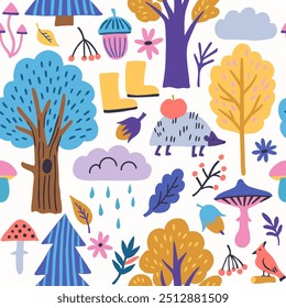 Cute colorful modern seamless pattern with autumn forest elements.