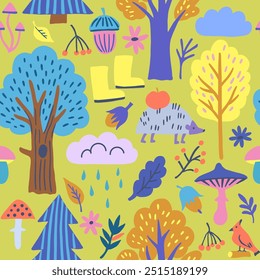 Cute colorful modern seamless pattern with autumn forest elements.