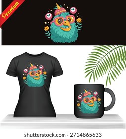 Cute Colorful Monster Character Vector: Funky, Bright Cartoon Creature Illustration for Kids T-Shirt, Coffee Mug, and Apparel Printing. Playful, Friendly Mascot Graphic EPS File.