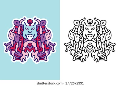 Cute colorful monster doodle illustration for poster, sticker, or apparel merchandise.With vaporwave/synthwave style, aesthetics of 80s.