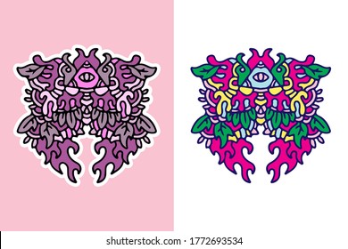 Cute colorful monster doodle illustration for poster, sticker, or apparel merchandise.With vaporwave/synthwave style, aesthetics of 80s.