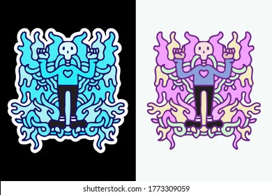 Cute colorful monster doodle illustration for poster, sticker, or apparel merchandise.With vaporwave/synthwave style, aesthetics of 80s.