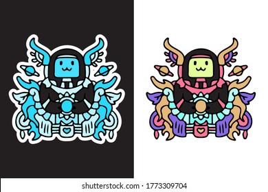 Cute colorful monster doodle illustration for poster, sticker, or apparel merchandise.With vaporwave/synthwave style, aesthetics of 80s.