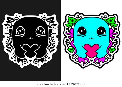 Cute colorful monster doodle illustration for poster, sticker, or apparel merchandise.With vaporwave/synthwave style, aesthetics of 80s.