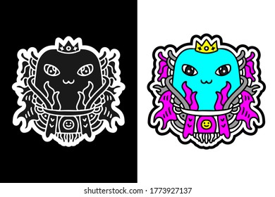 Cute colorful monster doodle illustration for poster, sticker, or apparel merchandise.With vaporwave/synthwave style, aesthetics of 80s.