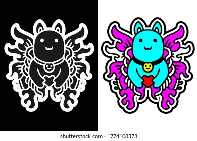 Cute colorful monster doodle illustration for poster, sticker, or apparel merchandise.With vaporwave/synthwave style, aesthetics of 80s.