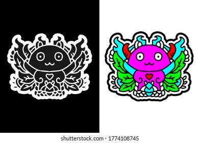 Cute colorful monster doodle illustration for poster, sticker, or apparel merchandise.With vaporwave/synthwave style, aesthetics of 80s.
