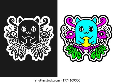 Cute colorful monster doodle illustration for poster, sticker, or apparel merchandise.With vaporwave/synthwave style, aesthetics of 80s.