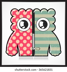 Cute colorful monster with grunge isolated on white. Cartoon illustration. vector