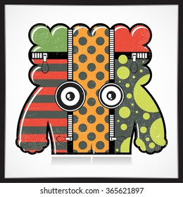 Cute colorful monster with grunge isolated on white. Cartoon illustration. vector