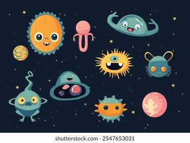 Cute colorful monsters fly in space with stars and planets	