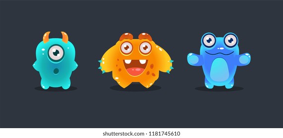 Cute colorful monsters, funny cartoon glossy aliens, game user interface element for video computer games vector Illustration