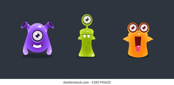 Cute colorful monsters, funny cartoon aliens, game user interface element for video computer games vector Illustration