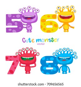 Cute Colorful Monsters and Kids Numbers Vector Set. Luck Cartoon Mascot Illustration. Happy School theme. Numbers For Kids Vector