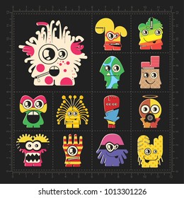 Cute colorful monsters on black. Set of thirteen funny robot stickers for different use. cartoon illustration