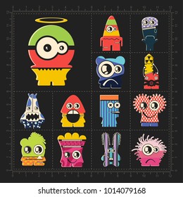 Cute colorful monsters on black. Set of thirteen robots stickers for different use. cartoon illustration