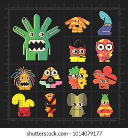 Cute colorful monsters on black. Set of thirteen robots stickers for different use. cartoon illustration