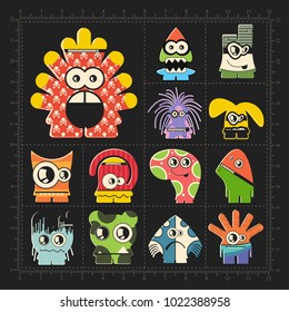 Cute colorful monsters on black. Set of thirteen robots stickers for different use. cartoon illustration