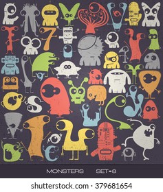 Cute colorful monsters on grunge background. vector set. cartoon illustration