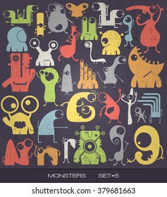 Cute colorful monsters on grunge background. vector set. cartoon illustration