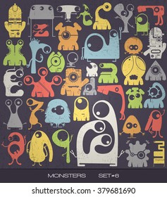 Cute colorful monsters on grunge background. vector set. cartoon illustration