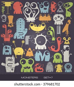 Cute colorful monsters on grunge background. vector set. cartoon illustration