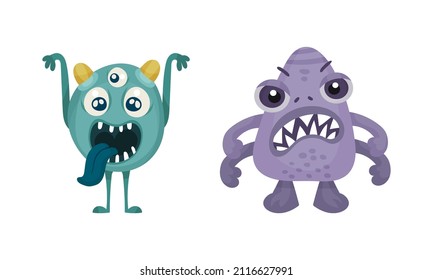 Cute colorful monsters set. Cartoon toothy mutants characters vector illustration