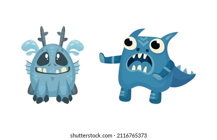 Cute colorful monsters set. Cartoon blue mutants characters with funny faces vector illustration