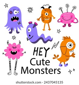 Cute Colorful Monsters Vector Isolated Elements Set