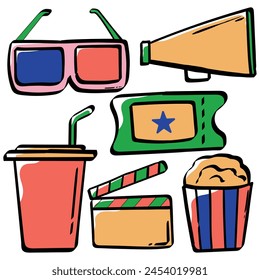 cute colorful movie icon set. film, cinema, popcorn, ticket. simple funny doodle hand drawn flat simple vector illustrations