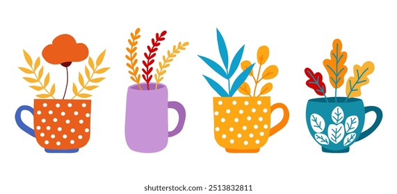 Süße bunte Becher mit Polka Dot und schlichten Designs, jeweils gefüllt mit verschiedenen stilisierten Pflanzen, Blättern und Blumen. Vektorgrafik im flachen Stil. Einzeln auf weißem Hintergrund.