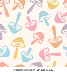 Cute colorful mushroom doodle vector repeat pattern, pastel seamless background