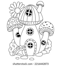 Cute colorful mushroom house and flowers on the top outline artwork coloring pages