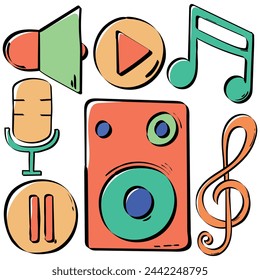 cute colorful music icons set. sound, mic, speaker, tone, musical scale, rhythm. simple funny hand drawn flat simple vector illustrations