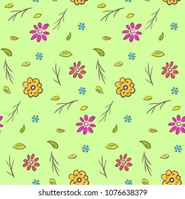 Cute colorful naive hand drawn floral seamless pattern. Bright doodle texture with flowers, leaves and branches on green background for textile, wrapping paper, package, wallpaper