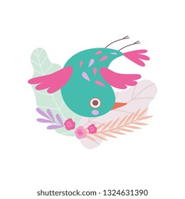 Cute Colorful Nesting Bird, Symbol of Spring, Bird Sitting in Nest Upside Down Vector Illustration