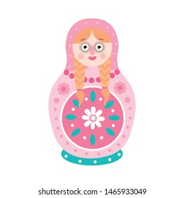 Cute colorful nesting doll with big eyes and traditional flower design