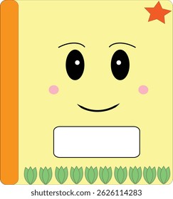 A cute and colorful notebook illustration featuring a smiling cartoon face, an orange spine, a red star, and a row of green leaves at the bottom. Perfect for educational themes, kids' learning materia