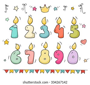 Cute colorful number shaped candles set. Cartoon lighting candles in the form of numbers. Doodle vector for party, kids design, funny invitations. All objects are grouped and isolated on white.