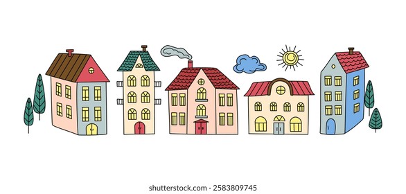 Cute colorful old houses. Hand drawn cartoon city, trees. Drawing, doodle. Architecture, construction, flat vector illustration on isolated background.