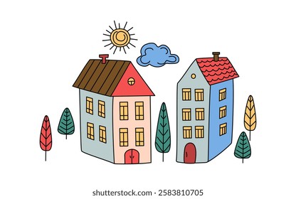 Cute colorful old houses. Hand drawn cartoon city, trees. Drawing, doodle. Architecture, construction, flat vector illustration on isolated background.