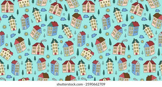 Cute colorful old houses, seamless pattern. Hand drawn cartoon city, trees, clouds, sun. Drawing, doodle. Architecture, construction. Repeating background for decor textile, wallpaper.