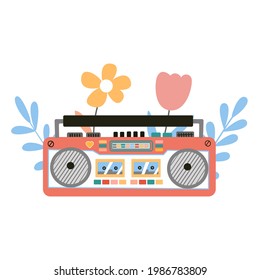 Cute and colorful old school tape recorder doodle. Vintage boombox icons. Hand drawn illustration. Decorated with flowers.

